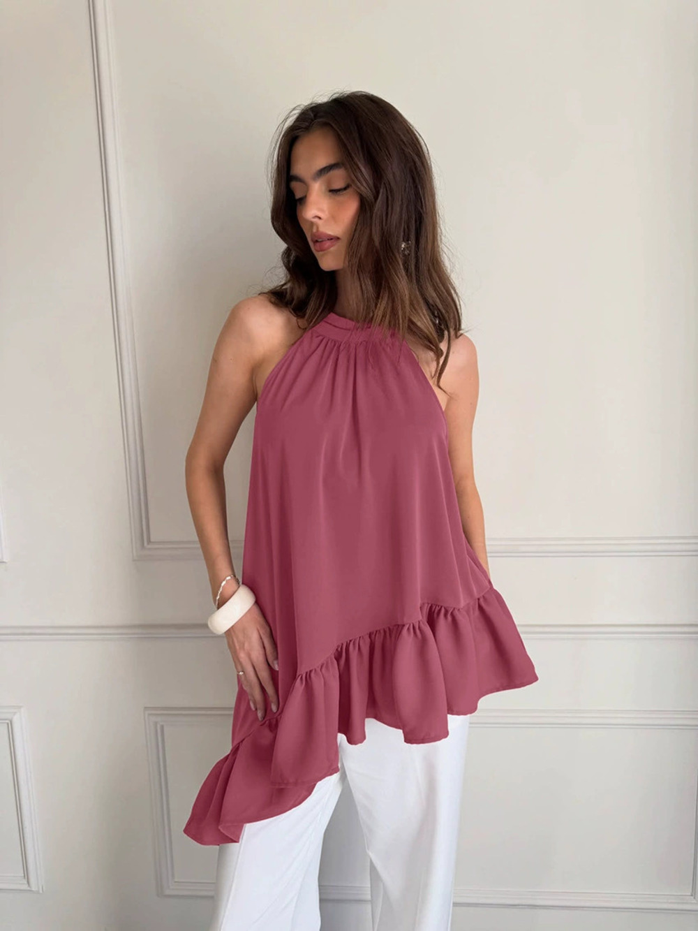 Forever 21 Deep Pink Chiffon Asymmetric Halter Neck Vest Top Loose Fit Summer